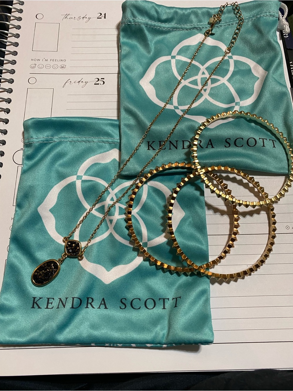 Kendra Scott Gold Necklace with Black Drusy Pendant and Gold Bangle Set